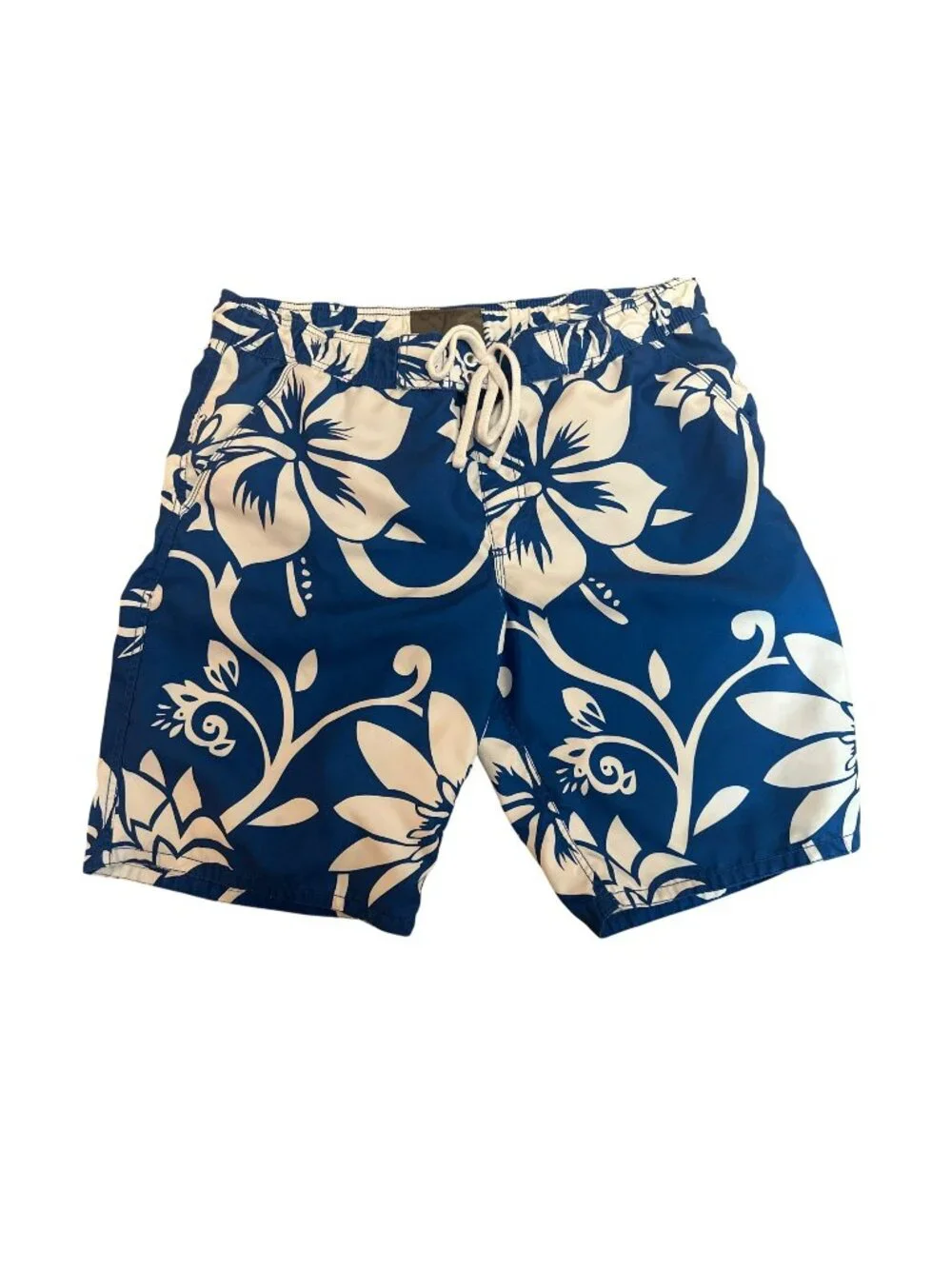 Old Navy Mens Swim Trunks L Blue Floral Hawaiian Drawstring Aloha Vacation